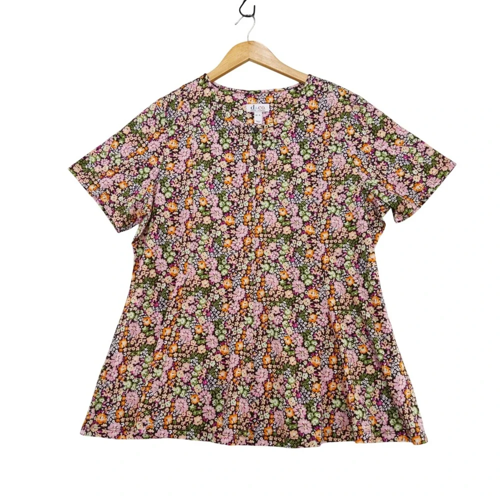 Denim & Co Henley Top Women XL Multi Floral Short Sleeve Knit Button Front